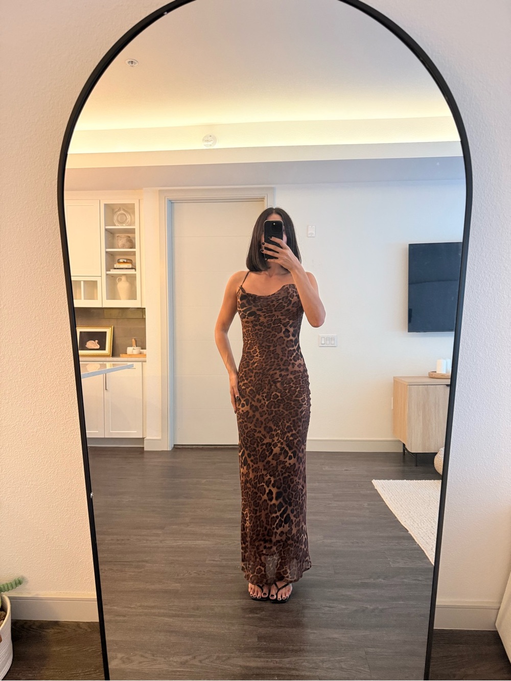 Brown Leopard Print Slip Maxi Dress with Spaghetti Straps